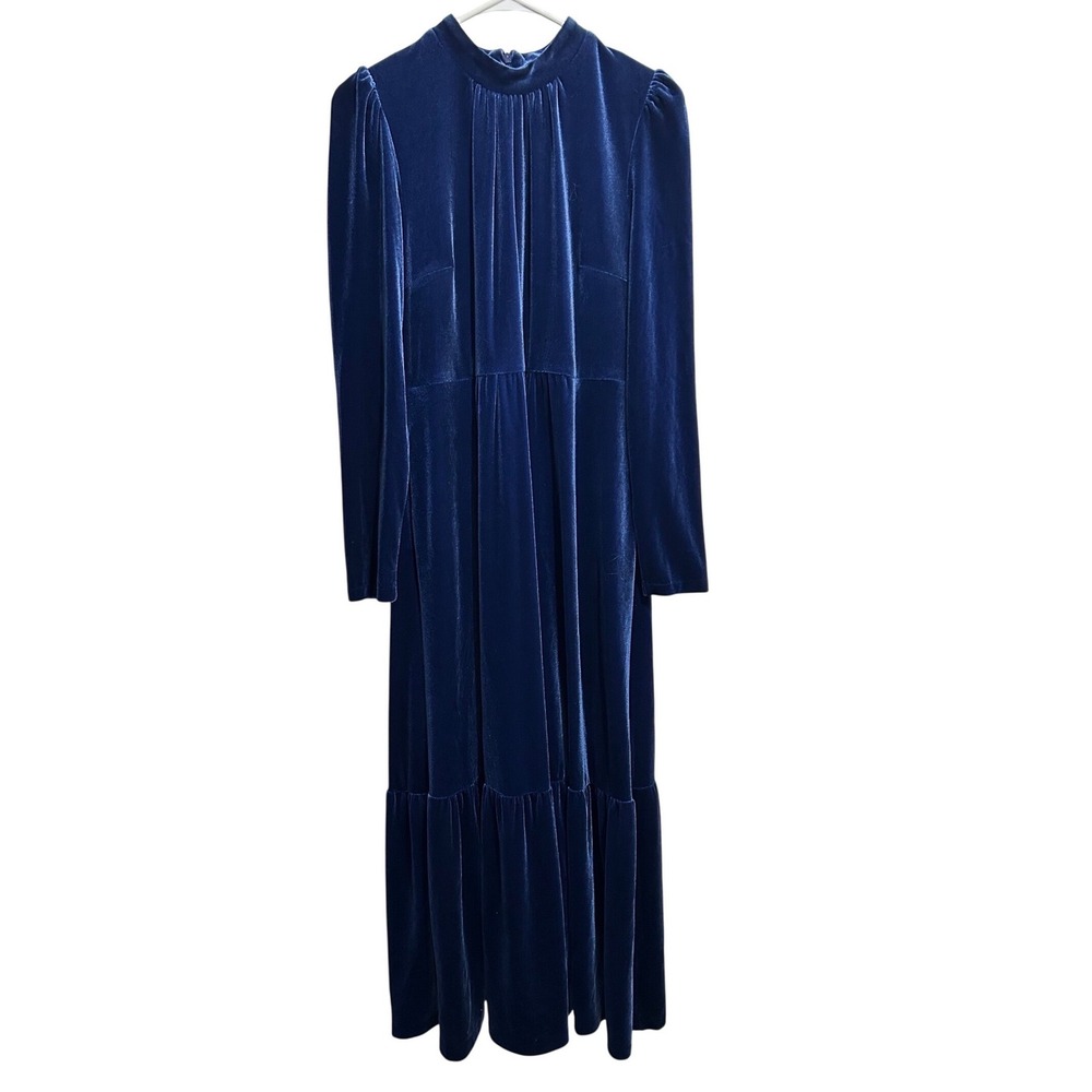 Boden Blue Velvet High Neck Tiered Maxi Dress Long Sleeve US 10R Elegant Formal - Picture 1 of 6